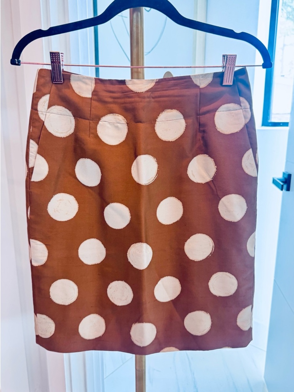 Vintage Banana Republic Polka Dot Brown Satin Pencil Skirt - White Dot Print